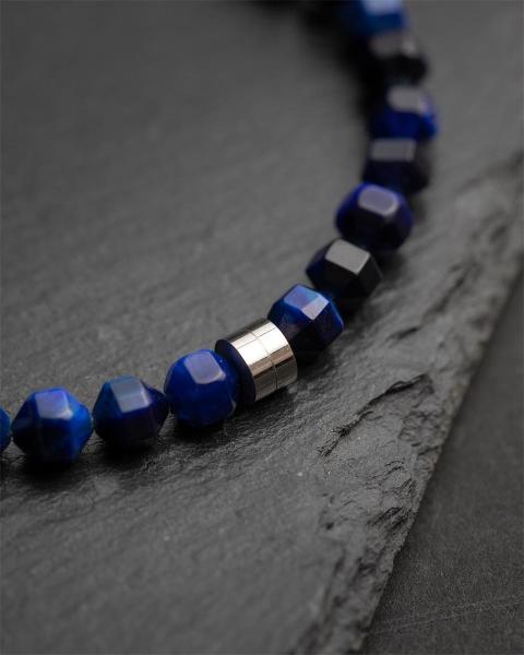 Armband mit 6 mm blauem Tigerauge-Stein und Titanelement - Hexa Dark Blue